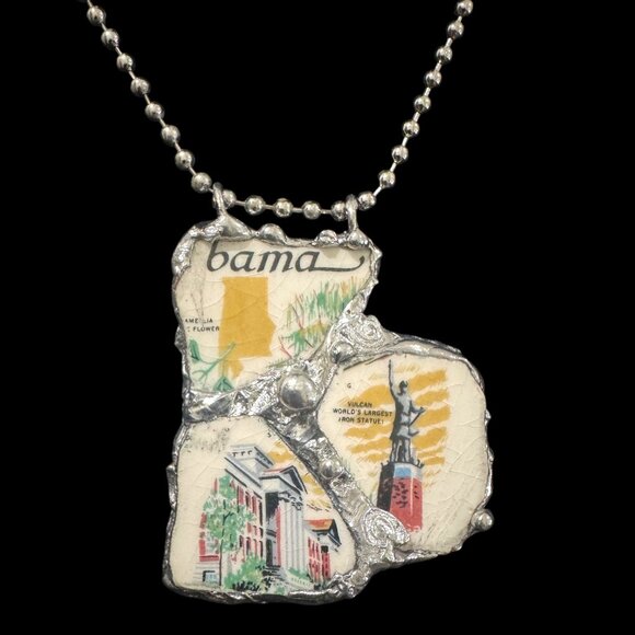 Broken China Pendant Alabama State Commemorative Plate Artisan Metalwork Bezel - Picture 9 of 12